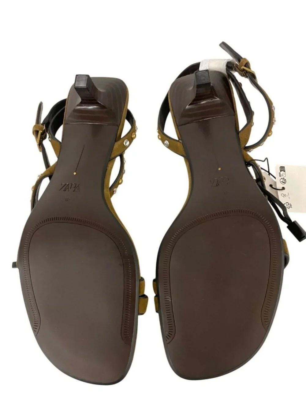 Zara Womens Suede Sandals EU 38 US 7.5 Olive Green Studded Heels 1346/610 NWOB - Picture 9 of 12